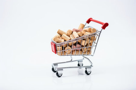 High quality photo of corks with mini cart showcasing delivery and online shopping concept on whiteの素材