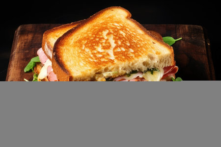 Ham and cheese sandwich Wooden background Top view Space to copyの素材