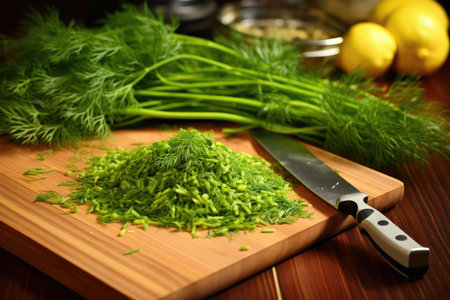 Kitchen scissors chopping dill on a board in the kitchenの素材