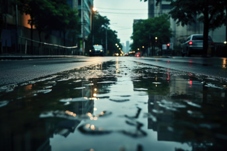 Heavy rain is pooling on the road due to stormy weather and poor drainageの素材