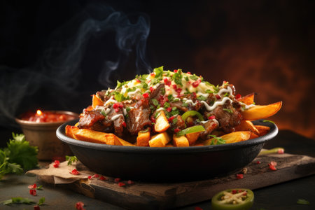 Panoramic copy space composition of Mexican carne asada friesの素材