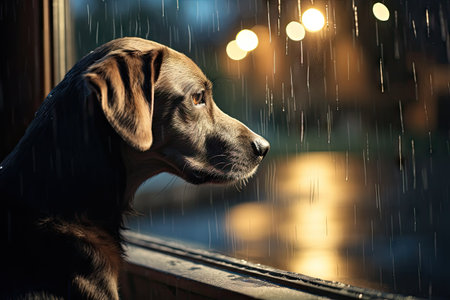 Lonely labrador retriever waits sadly at home peering through rain drenched windowの素材
