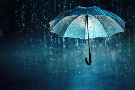 Rainy weather concept with transparent umbrella and water drops splash backgroundの素材