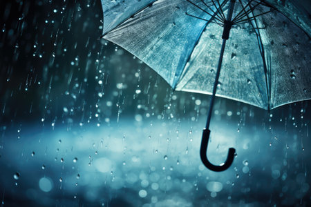 Rainy weather concept with transparent umbrella and water drops splash backgroundの素材