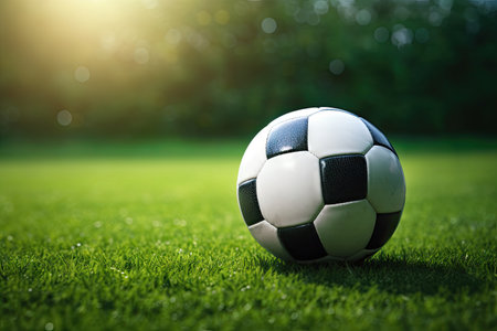 Soccer game setup with green field ballの素材