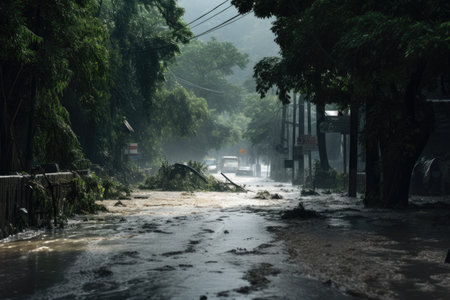 Rain fell on the road after a depression hit Thailand causing heavy rains and floodingの素材