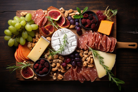 Italian antipasto with a variety of cheeses fruits prosciutto and wineの素材