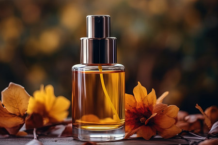 Amber glass bottle with face oil or serum on podium alongside autumn leaves offers seasonal skincareの素材