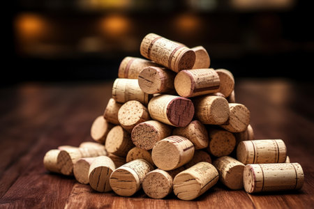 A pile of wine corks on a tableの素材