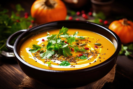 Autumn soup with pumpkin carrot cream seeds and cilantro micro greens Cozy healthy slow foodの素材