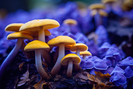 Abundance of Wood mushrooms yellow and blue with a violet hue fill treeの素材