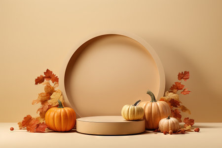 Autumn holiday advertisement with pumpkins on trendy stand and backgroundの素材