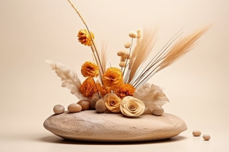 Autumn themed product display with dried flowers and stones on a beige backgroundの素材