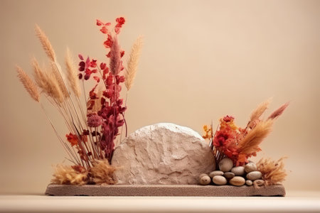 Autumn themed decor featuring dried flowers and red stone on beige backgroundの素材