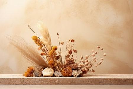 Autumn themed product display with dried flowers and stones on a beige backgroundの素材