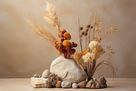 Autumn themed product display with dried flowers and stones on a beige backgroundの素材