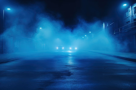 Blue neon light illuminates an empty street covered in smoke with no backgroundの素材
