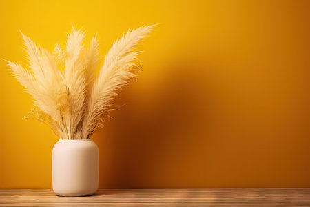 Autumn themed mockup with yellow pedestal pampas grass and copy space on brown or yellow backgroundの素材