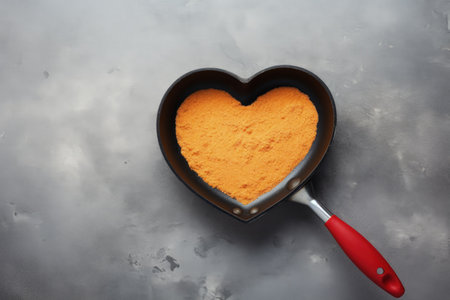 Black nonstick frying pan for making heart shaped pancakes on a gray concrete table for Valentine sの素材