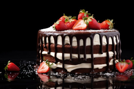 Chocolate cake with chocolate drips on a black background Layered cake with milk black and white choの素材