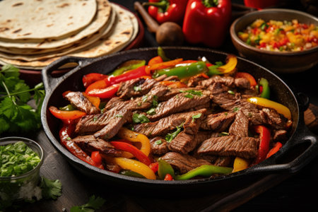 Bell peppers and tortilla bread with beef fajitas and sauces in a panの素材