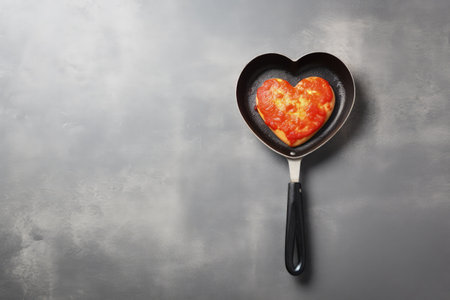 Black nonstick frying pan for making heart shaped pancakes on a gray concrete table for Valentine sの素材