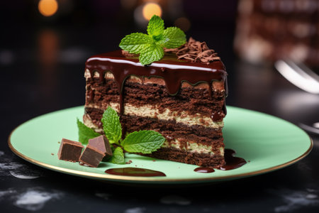 Close up of a chocolate cake with mint on the tableの素材