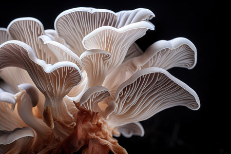 Close up of an abstract oyster mushroom on dark backdropの素材