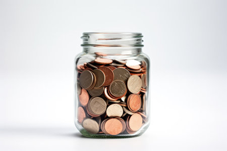 Coin in glass jar on white background saving moneyの素材