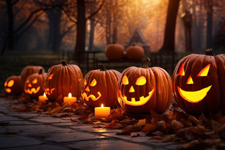 Cluster of jack o lanterns illuminated by candles located in a park during a fall eveningの素材