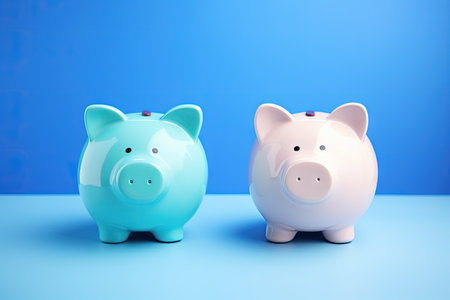 Comparing investment options with piggy banks on blue backgroundの素材