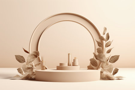 Cosmetic products presented on a beige podium with a leaf and arch design set against a monochrome bの素材