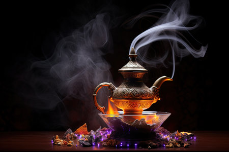Dark background with magical genie lamp and smokeの素材