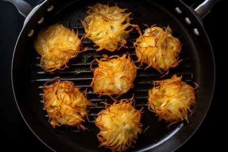 Cooking latkes in deep oil on the pan with the top side facing upwardの素材