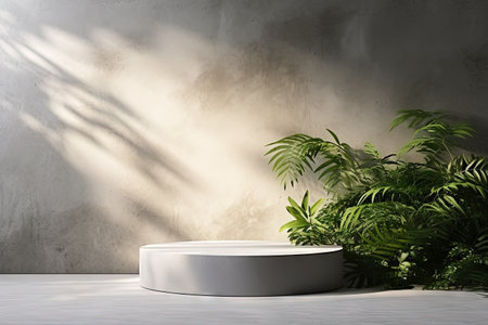 Concrete wall texture with leaves shadow and sunlight on cement floor empty grey studio room displayの素材