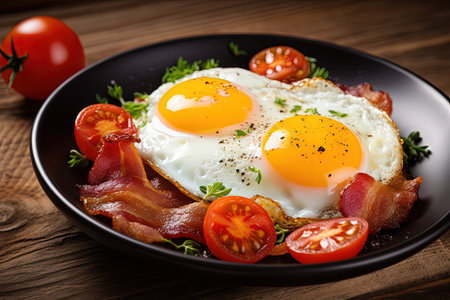 Fried bacon and fresh tomatoes accompanied by eggs on wooden backgroundの素材