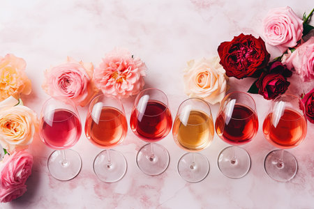 Different colored glasses of rose wine and spring flowers on a marble background a view from above Iの素材