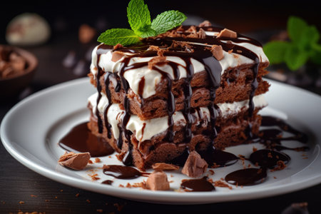 Delicious homemade brownie cake on a white plateの素材