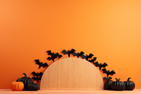 Front view mockup featuring a wooden podium with black paper bats against a bright orange backgroundの素材