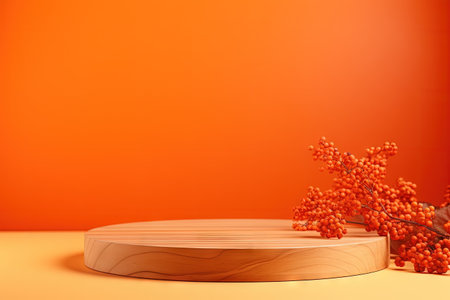 Empty wooden podium in a studio with an orange background and rowan berries representing a concept sの素材