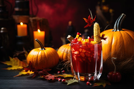 Festive Halloween composition featuring red drink and smiling pumpkins amidst fallen leaves on a darの素材