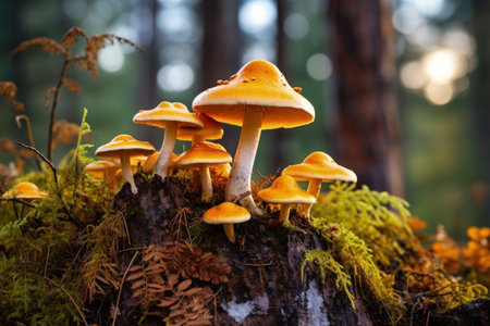 Fungi group on a spruce stump in autumn forestの素材