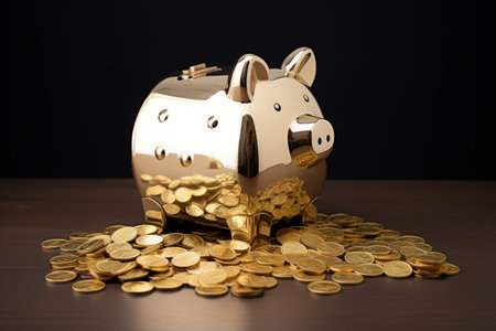 Golden coins stored in a pig shaped money boxの素材