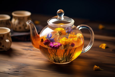 Glass teapot with blooming tea flower on wooden backdropの素材