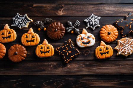 Halloween themed gingerbread cookies on a dark wooden tableの素材