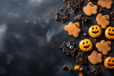 Horizontal photo of Halloween sweets with beautiful and delicious ginger biscuits on a Halloween ginの素材