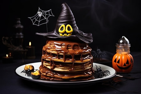 Halloween themed pancake steak topped with chocolate sauce a witch hat and spiders on a white backgrの素材