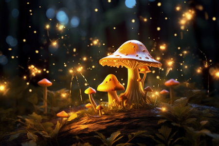 Illuminated mushrooms and fireflies in enchanted woodsの素材
