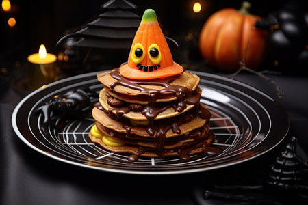 Halloween themed pancake steak topped with chocolate sauce a witch hat and spiders on a white backgrの素材