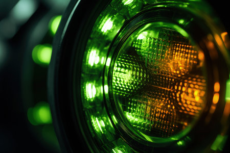 Illuminated green traffic light lens in close up viewの素材